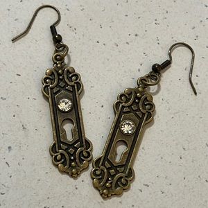 Brass Rhinestone Lock Earrings.